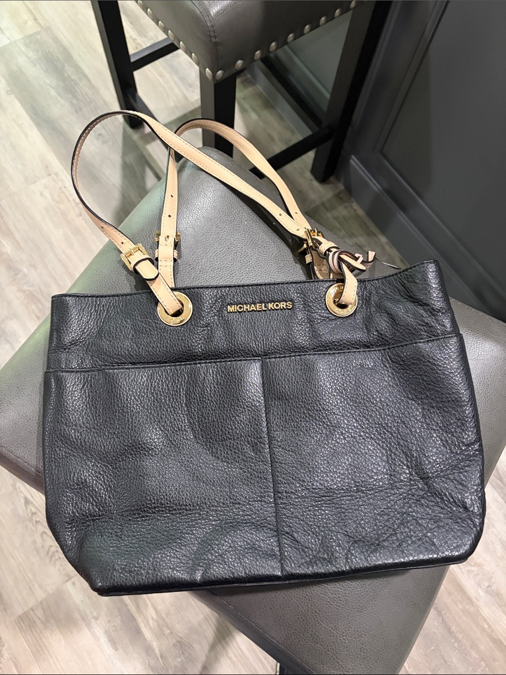 Michael Kors Black Pebbled Leather Tote with Cream Straps and Gold Hardware